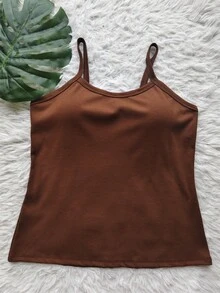 Women's Ribbed Tank Top With Thin Straps And Padded Cups - Brown 2 - View 1