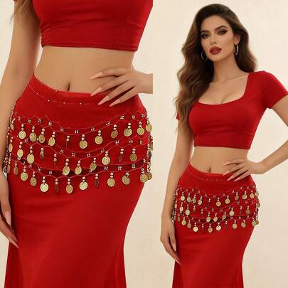 1pc Belly Dance Hip Scarf, Sweet Belly Dance Skirt Wrap With Coins, Egyptian Style Belly Dance Costume Hip Scarf Belt, Women Chiffon Belly Dance Scarf, Suitable For Yoga, Zumba, Belly Dance, Women Belly Dance Hip Scarf With Fringe, Sequin Mini Skirt - Holographic Fringe Skirt - Women Denim Outfit | Beach Dress, Carnival, Party