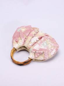 1pc Colorful PVC Sequin Contrast Mesh Floral Embroidery Cloud Design Pleated Niche Linen Bottom Handbag, Fashion Summer Beach Vacation Fan-Shaped Ladies Tote (Floral Pattern Randomly Sent) - Pink - View 6
