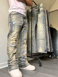 Jeans acampanados bordados, jeans de mezclilla para hombres con letras bordadas, jeans ajustados con pierna acampanada, jeans acampanados desgastados con parches, jeans lavados apilados Y2K, jeans bordados con lavado en contraste, aptos para todas las estaciones - Amarillo - Ver 3