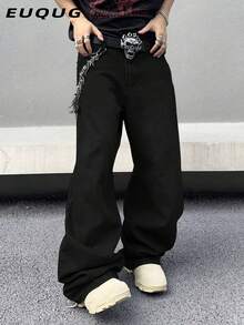 Y2K复古风男士黑色水洗宽松阔腿牛仔裤，直筒休闲版型牛仔裤，送给老公或男友的完美礼物 - 黑色 - 查看 3