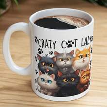 Coffee Mug, Cute Cat Design With 6 Cats And Paw Prints, White Ceramic - 白色 - 查看 4