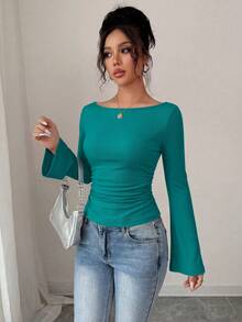 Women's Spring Fall Long Sleeve Shirts Crop Going Out Tops Casual Boat Neck Bell Sleeve Ribbed Ruched Y2K Clothes - Deep Blue - View 4