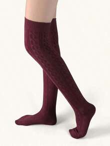 Solid Over The Knee Socks - 酒紅色 - 查看 3
