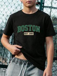 Camiseta de manga corta estampada para niños - suave, transpirable, camiseta de manga corta con cuello redondo, diseño de lata de soda vibrante, lavable a máquina, niños y niñas verano casual tops, tallas 110-150, camiseta de estampado de letras, moda divertida para niños, ropa cómoda para niños, camiseta de manga media para adolescentes - Negro - Ver 7