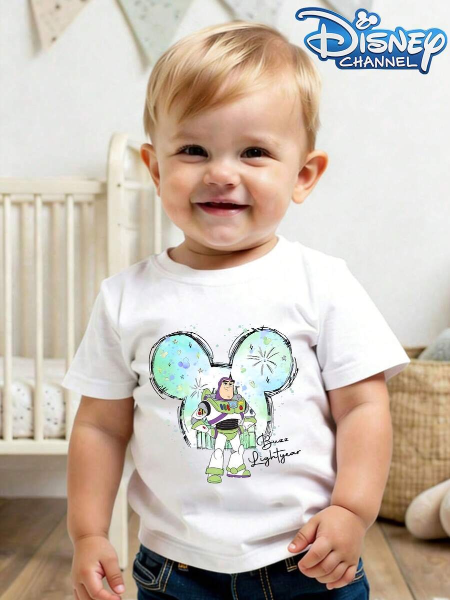 This Disney Toy Story Buzz Lightyear Graphic Casual Short-Sleeved T-Shirt With A Round Neckline Is Designed For Both Baby Boys And Girls, Making It An Ideal Choice For Summer Wear. - 白色 - 查看 1