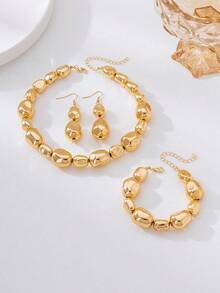 4件套不对称几何球形金属首饰套装 - 手链、耳环、项链 - 金黃色 - 查看 7