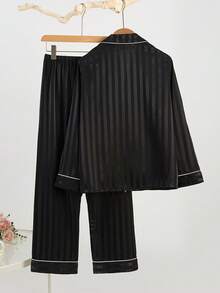 Bộ đồ ngủ 2 món, áo tay dài cổ bẻ và quần dài mặc nhà. - màu đen - Xem 3