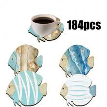 4pcs/Set Wooden Fish Shaped Coasters, Coffee Cup Mats, Tea Cup Pads, Heat Insulation Coasters, Blue Polka Dot & Stripe Printed Design, 12x12.5cm, Suitable For Home, Bar, Office, Holiday Decor, Available In 1 Set Or 4-6 Sets - Baby Blue - View 7