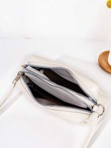 1pc Women's Solid Color Metallic Texture Oilcloth Leather Crossbody Bag, Dual Zipper One Shoulder Small Square Bag - White - View 8