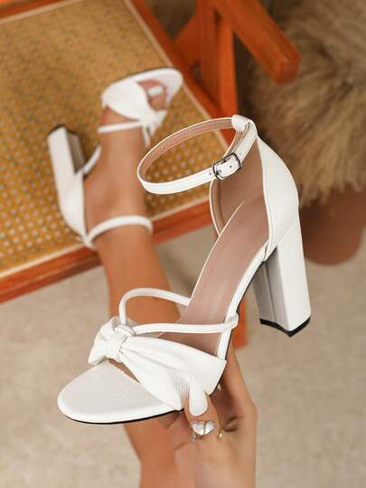 Plus Size Women's Sexy Chunky Heel Sandals, Casual Party Chic Versatile White Chunky High Heel Shoes, Black Chunky High Heel Sandals, Suitable For Party And Casual Wear