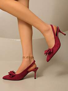 French Classic Elegant Bowknot Strap Sandals, Pointed Toe High Heels, Versatile Slip-On Sandals For Spring/Summer, Suitable For Commuting And Dresses - Red - View 4