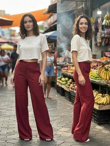 Simple Pocket, Contrasting Waistband, Zipper, Close-Up - Burdeos - Ver 3