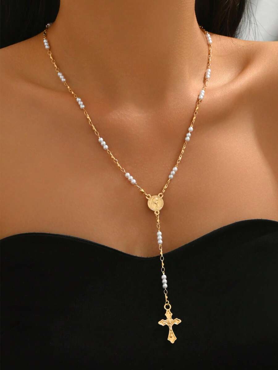 1 chiếc vòng cổ dài hình chữ Y thanh lịch, mặt dây chuyền hình thánh giá cổ điển, dây chuyền kim loại đính ngọc trai giả dành cho nữ, thích hợp để đeo hàng ngày và trong các buổi tụ họp. - Vàng - Xem 1