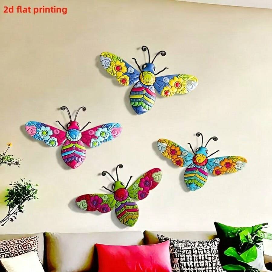 4件套，彩色花园蜜蜂墙饰，室内/室外悬挂式，适用于围栏、花园、农场 - 耐用亚克力蜜蜂花朵装饰品，蜜蜂摆件，花园装饰品 - 彩色 - 查看 1