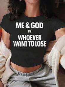 Women'S Pure Black Crop Top |     Divine Alliance Bold And Confident Black Short Sleeve Round Neck Stretch Blend Fabric, Easy Care, Suitable For Spring Summer Autumn, Versatile Fashion Top, Comfortable Elastic Fit, Printed Design - Black - View 8