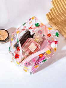 Conjunto de 2 Necessaires Grandes de PVC com Estampa Floral, Transparentes e Portáteis, com Zíper, para Viagem. Organizadoras Multifuncionais para Artigos de Higiene Pessoal, Maquiagem e Cuidados com a Pele. Essenciais para Viagem, Ótimas Opções de Presente para Madrinhas. - Multicolorido - Ver 2