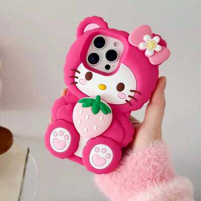  Sanrio Silicone Phone Case, New Cute Fashion Kitty Cat, Strawberry Pink KT, 3D Stereoscopic, Soft Strawberry Kitty Cat, Pink Bow KT Sanrio Phone Case Compatible With Apple 17 Series, 11/12/12 Pro, 13/14/15, 13 Pro/14 Pro/15 Pro