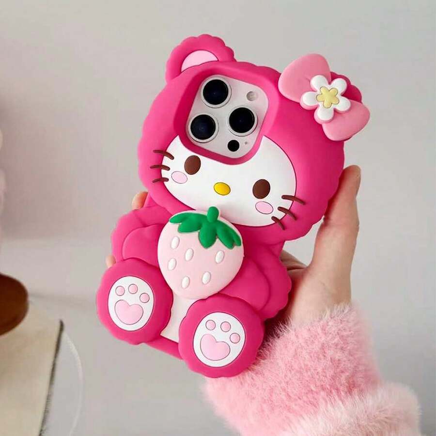 Sanrio 三丽鸥硅胶手机壳，新款可爱时尚小猫咪，草莓粉KT，3D立体，柔软草莓小猫咪，粉色蝴蝶结KT三丽鸥手机壳，兼容苹果17系列、11/12/12 Pro、13/14/15、13 Pro/14 Pro/15 Pro - 玫紅色 - 查看 1