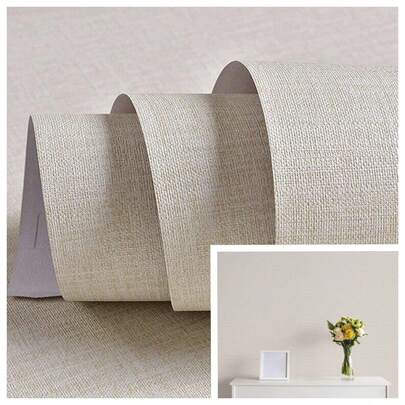1 rollo de papel tapiz autoadhesivo de estilo japonés Wabi-Sabi de color beige claro con textura de tela falsa, textura tejida, impermeable y fácil de aplicar, de estilo minimalista, adecuado para la decoración de paredes de dormitorios, renovación de muebles de salas de estar, pegatina de pared de vinilo, grueso y duradero, fácil de instalar y extraer, tamaño 15.7in X 39.3ft / 118.1in / 196.8in