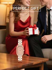 Anne Klein 女士方形小表盘腕表，时尚钢带休闲石英表，简约方形腕表，旅行礼物 - 玫瑰金 - 查看 8