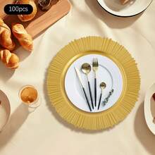 100 Pcs Antique Charger Plates Bulk 13 Inch Embossed Rim Plastic Party Dinner Plate Chargers Round Decorative Server Plate For Wedding Party Event Tableware (100pcs) - 金色 - 查看 4
