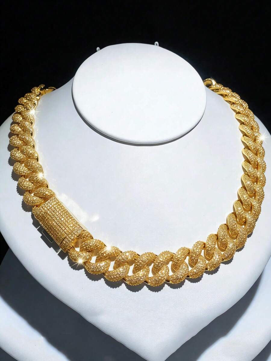 1pc European And American Fashion 15MM Thick Chain Bubble Chain Cuban Chain Necklace Hiphop Street Personalized Hip Hop Jewelry, Send Boyfriend Gift (Suggest You Size Up) - 金色 - 查看 1