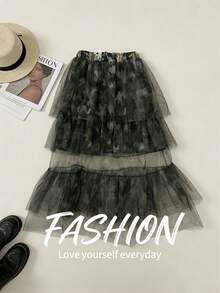 Váy dự tiệc phối nhiều lớp lưới họa tiết rằn ri theo phong cách Âu & Mỹ, kiểu dáng đường phố, thích hợp cho kỳ nghỉ xuân. - xanh quân đội - Xem 2