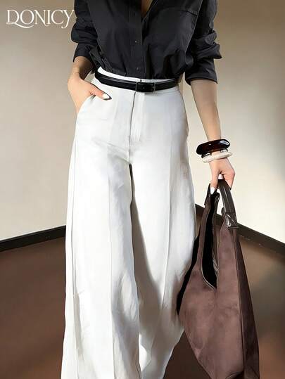 DONICY Dambyxor med hög midja och fickor, raka ben, enfärgade, moderiktiga vintage-eleganta, minimalistiska, mångsidiga kostymbyxor, lämpliga för vardag, vardag, kontor, pendling, dejt, shopping, utställning och andra tillfällen