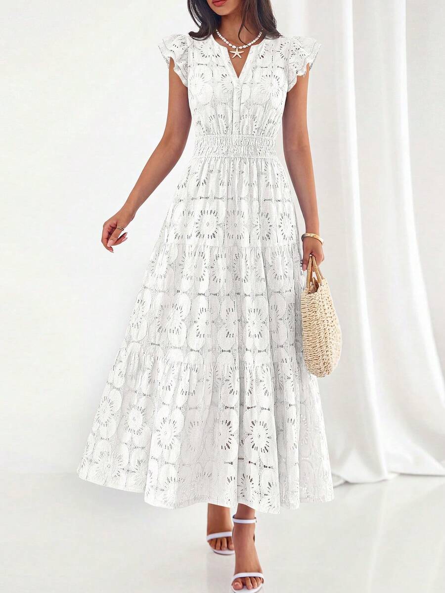 Womens Boho Maxi Dresses Summer Floral Lace Eyelet V Neck Spring Wedding Guest Dress Beach Vacation Clothes - 白色 - 查看 1