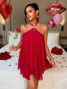 AIJ Amarilo Tiered Ruffled Cake Mini Dress - Summer Beach Vacation Dress For Daily Dates, Night Outings, Clubs, Parties, Gatherings, Cocktail Parties, Pool Parties & Festive Occasions - Red - View 8