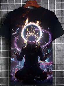 Men's 3D All-Over Print Anime & Cosmic Meditation T-Shirt - Short Sleeve Summer Casual Tee With Full-Body Space Art, Lightweight Durable Black Polyester Shirt For Gym, Relaxation, Or Casual Attire - 黑色 - 查看 3