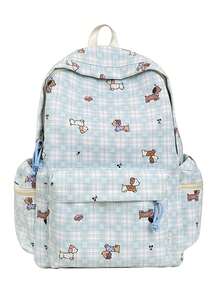 1pc Green Plaid + Puppy Print Canvas Backpack, Zipper Closure, Cute Style, Suitable For Students And Everyday Use, All Seasons - Blue - View 10