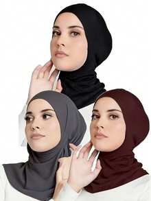 3pcs Women Fashion Solid Color Combo Set, Elastic Seamless Hijab Cap Scarf, Suitable For Daily Wear Abaya - Multicolor - View 6