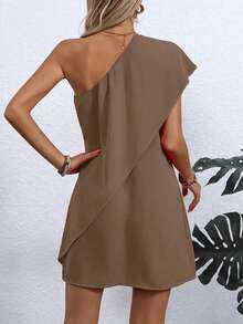 Lightweight Polyester Asymmetric Off-Shoulder Dress - Women's Fitted Style, Casual - Coffee - View 4