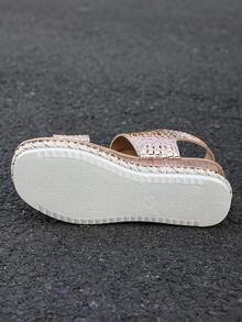 Sandalias de tacón alto con suela de cuerda para mujer, tacón de cuña, punta abierta, lazo, zapatos de plataforma con tacón grueso, adecuados para verano y primavera - Oro rosa - Ver 7