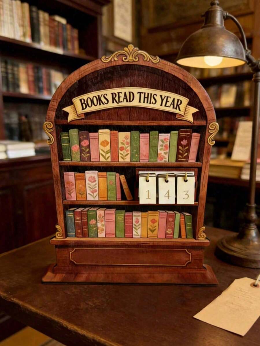 2D复古阅读追踪器，年度读书记录装饰——这款阅读追踪器最多可记录999本书的阅读量。配有底座，方便DIY。适用于办公书籍、现代书籍，结构坚固，可作书架装饰、送给爱书人士的礼物、书籍展示和收纳、书架计数展示以及阅读挑战礼物。适合读者、教师、作家和所有爱书人士。