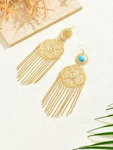 1 Đôi bông tai tua rua kiểu Bohemian bằng đá ngọc lam chạm khắc rỗng, kiểu dáng cổ điển sang trọng dành cho nữ, thích hợp cho tiệc tùng và các dịp lễ hội. - Vàng - Xem 3