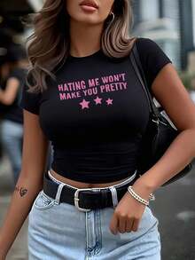 Y2K-Style Women's Cropped Top. European And American Fashion Black Slim Short Sleeve T-Shirt (Pink Text Print + Star Pattern) - Black - View 6
