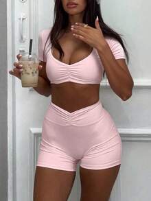 Summer Solid Color Casual Short Sleeve Top And Shorts 2 Pieces Set Pink - Pink - View 3