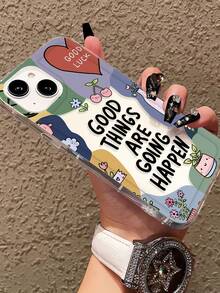 1个简约花卉爱心樱桃图案英文字母美学防震缓冲TPU手机壳，兼容苹果16 Pro Max/16/16 Pro/16 Plus/15/15 Pro Max/15 Pro/11/12/13/14 Pro Max/11 Pro/11 Pro Max/12 Pro/12 Pro Max/13 Pro/13 Pro Max/14 Pro/14 Pro Max，创意高级软壳 - 彩色 - 查看 2