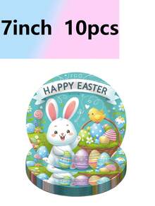 10pcs Easter Bunny & Egg Theme Party Supplies, Including Plates, Cups, Napkins, Camping/Travel Essentials, Birthday, Wedding, Banquet - Multicolor - View 6