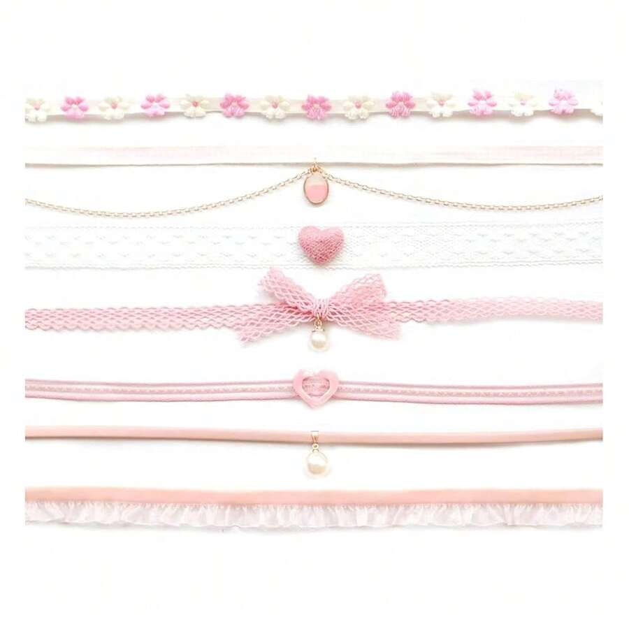 Chokers Set For Women Heart Choker Necklaces Flower Pendant Velvet Choker Lace Choker Cute Pink Gre1en Necklace Daisy Choker Necklace Statement Jewelry Valentine's Day Gift - 粉色 - 查看 1