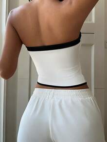 女士新款春夏无袖露脐上衣，撞色梭织面料，修身抹胸设计，休闲/工作/度假/派对/海滩/音乐节皆宜 - 黑與白 - 查看 3