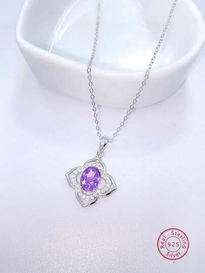 BLOVEMEE 1条高级甜美925银紫色水晶项链，适合女性日常佩戴、派对、度假、情人节、母亲节、结婚纪念日等场合，是馈赠佳品。