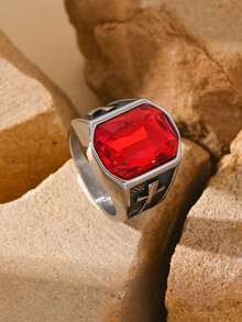 1枚不锈钢镶嵌立方氧化锆十字图案男士戒指商务风格配饰 - 戒指 - 查看 4