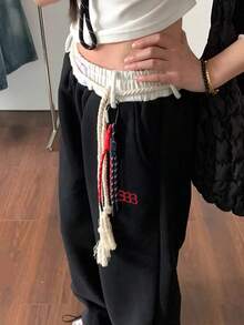 女士海军蓝复古休闲运动裤，拼接腰带直筒宽松运动裤，黑色 - 黑色 - 查看 2