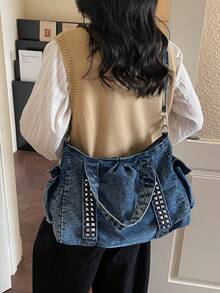 新款时尚铆钉大容量水洗帆布手提包，女士休闲通勤手提单肩斜挎包 - 深色水洗藍 - 查看 7