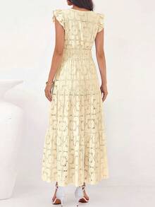 Womens Boho Maxi Dresses  Summer Floral Lace Eyelet V Neck Spring Wedding Guest Dress Beach Vacation Clothes - 米色 - 查看 4