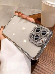 Luxury Bling Rhinestone Shiny Gradient Glitter Plating Soft Phone Case + Folding Makeup Mirror Ring Holder Bracket Phone Case Compatible With IPhone 17 Pro Max 17Pro 17 17Air Stylish Sparkling Lens Protect Anti-Drop Shockproof Bumper Men's And Women's Gifts - Silver - View 5